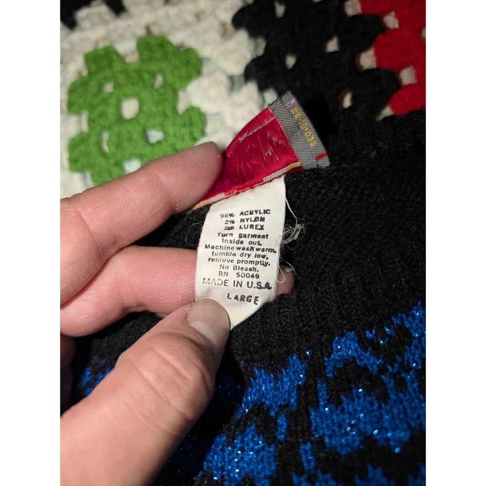 YarnWorks Sweater Blue Black Diamond Glitter Crewneck‎ Pullover Women's Large